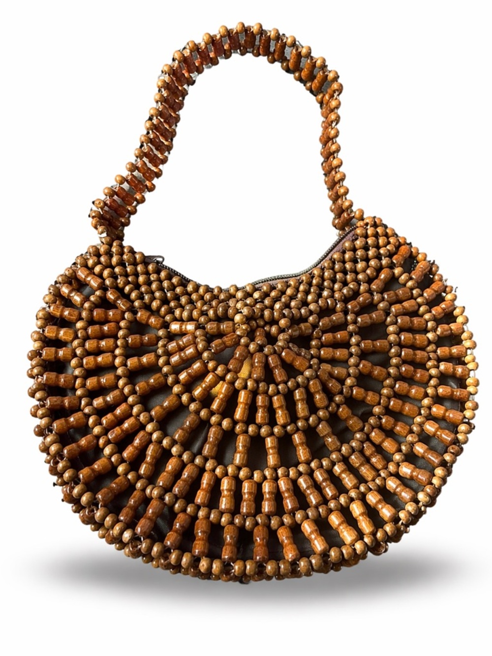 Vintage Wooden Bead Bag Boho Half Moon Purse Brown Textured Zip Handbag